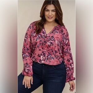 Torrid 2X Pink Peasant Top Floral Puff Sleeve Blouse Balloon V Neck Fairy George